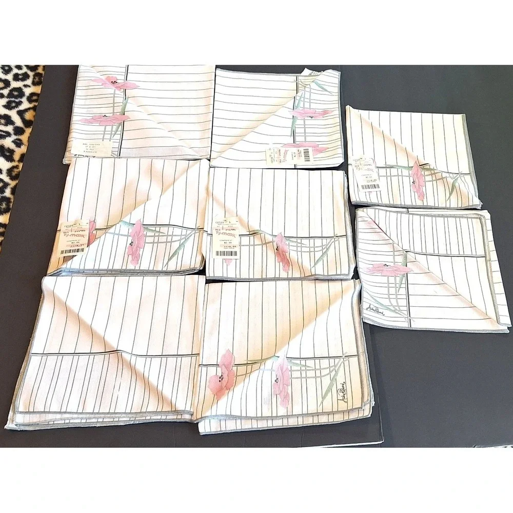 Andre Richard Vintage Cloth Napkins Set of 8 Pink poppie Grey Pinstripe